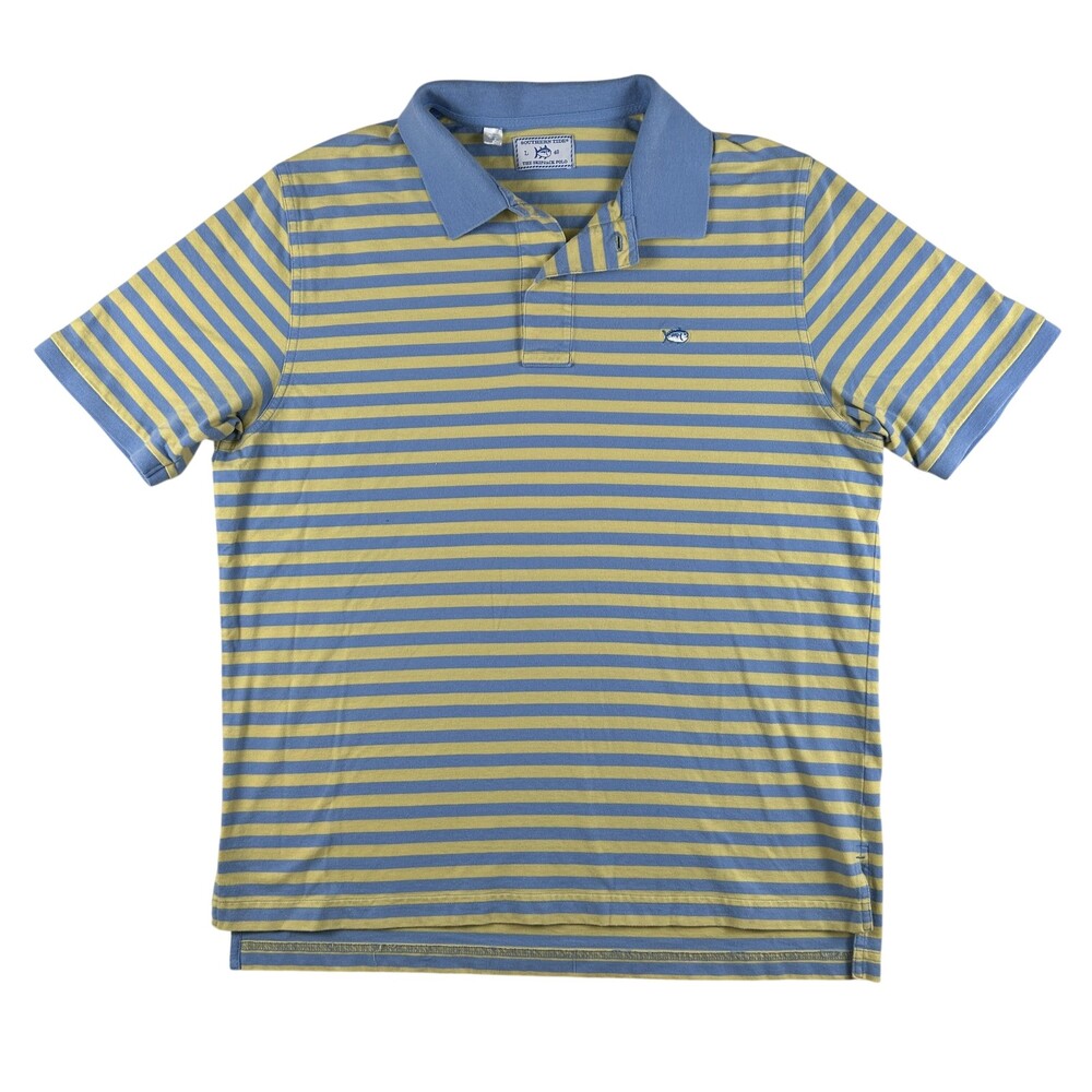 Southern Tide Skipjack Polo Shirt Mens L Blue Yellow Striped Short Sleeve Top